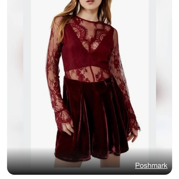 NWT free people lace and velvet burgundy dress. - Picture 7 of 9